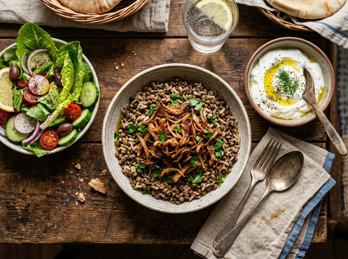 完成したムジャッダラ。揚げ玉ねぎがたっぷり、ヨーグルトと新鮮サラダが添えられている