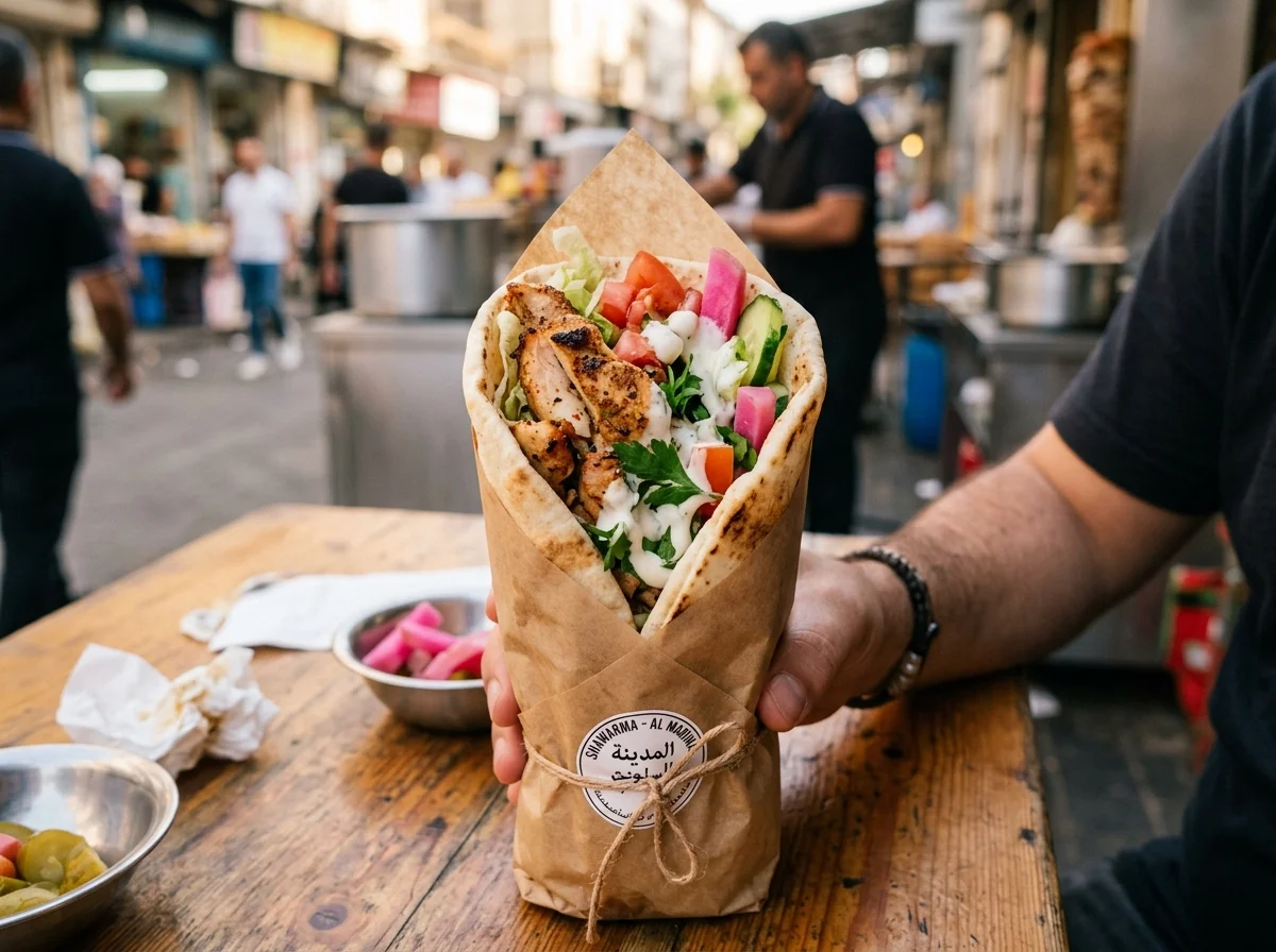 手順4: ピタパンを温め、トゥーム・野菜・肉・フライドポテトを重ねて巻く