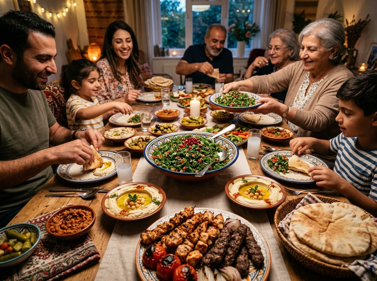 タブーレと一緒にメゼを楽しむ食卓の俯瞰写真