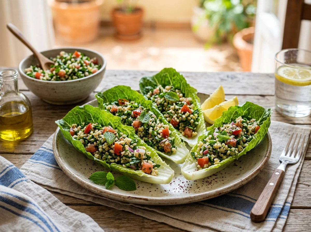 レタスの葉にタブーレをのせて食べるスタイル