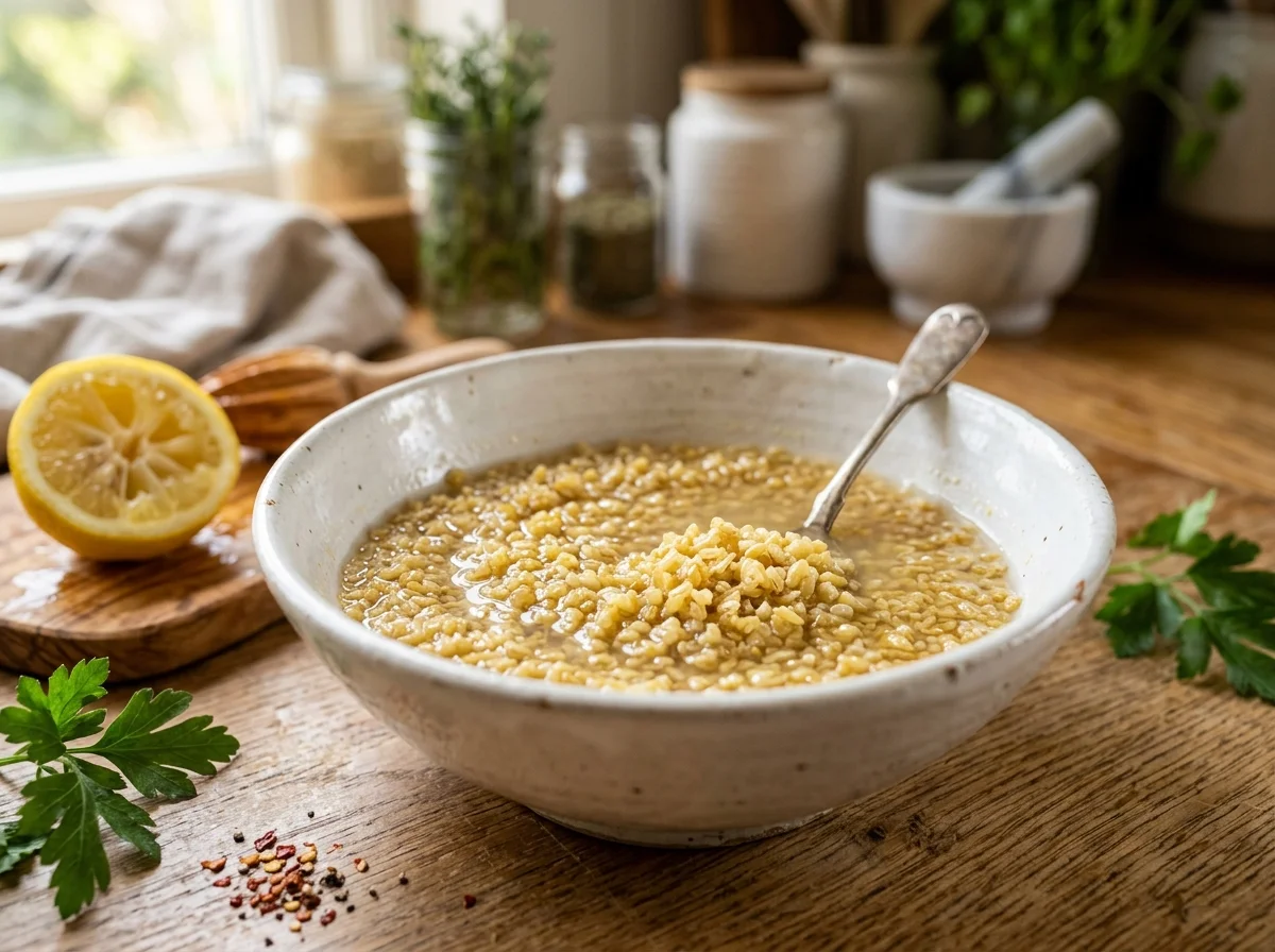 手順1: ブルグルをレモン汁とオリーブオイルで戻す（15〜20分）