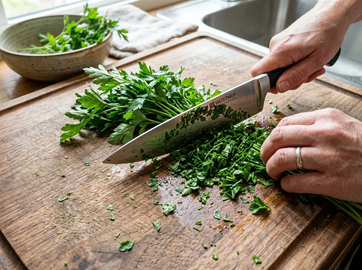 手順2: パセリ 200gをひたすら細かく刻む（約10分）