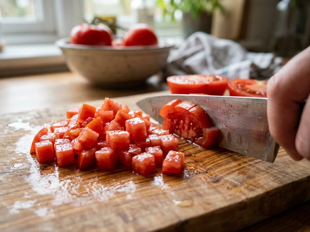 手順4: トマト 300gを5mm角に切る（約3分）
