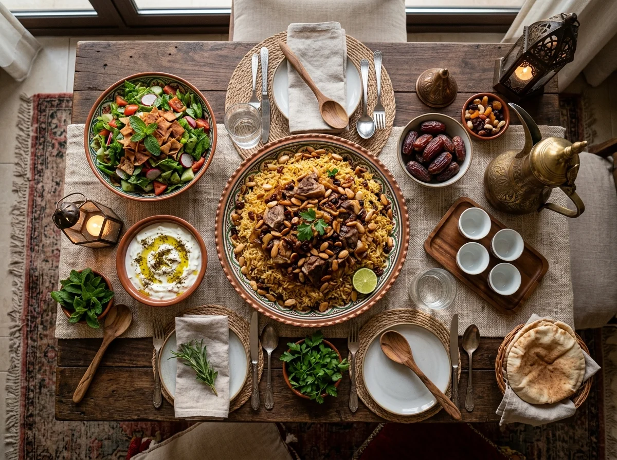 バーレーンの伝統的な食卓。マチュブースを中心に、サラダやヨーグルトが並んでいる