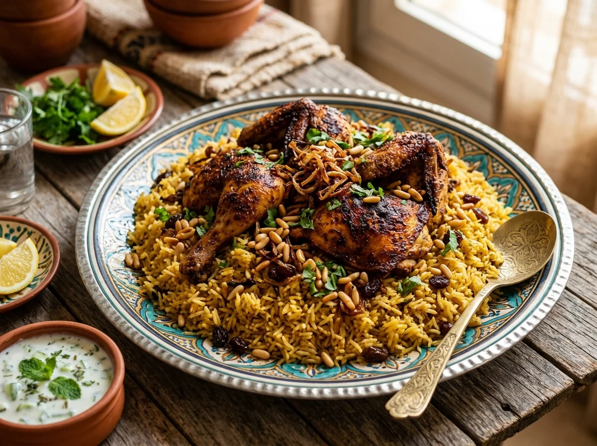 バーレーンの国民食マチュブース。スパイスで黄金色に炊き上がったバスマティライスの上に鶏肉をのせた一皿