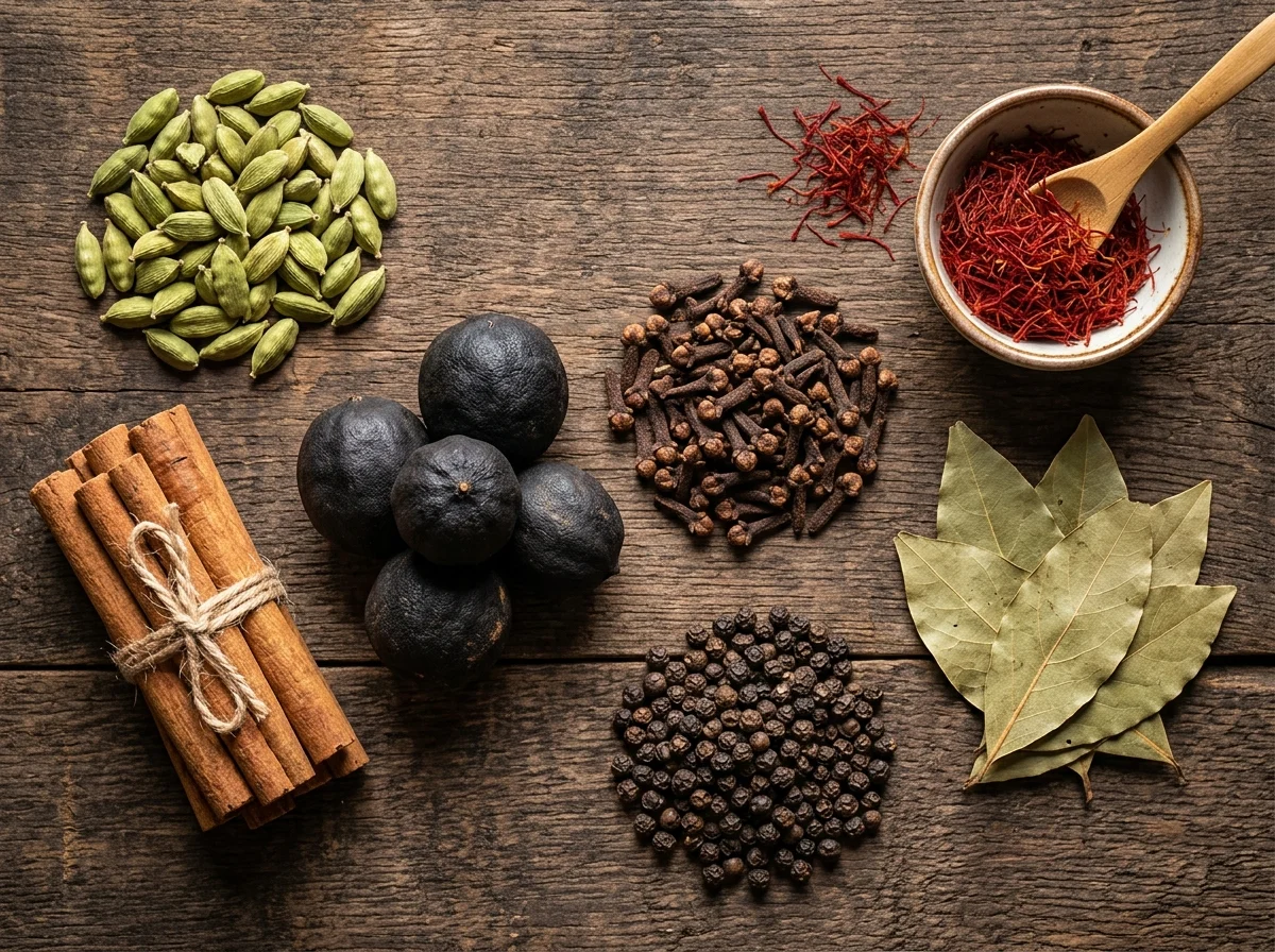 ベゾールスパイスの材料を並べた俯瞰写真。カルダモン、シナモン、クローブ、ドライライムなど