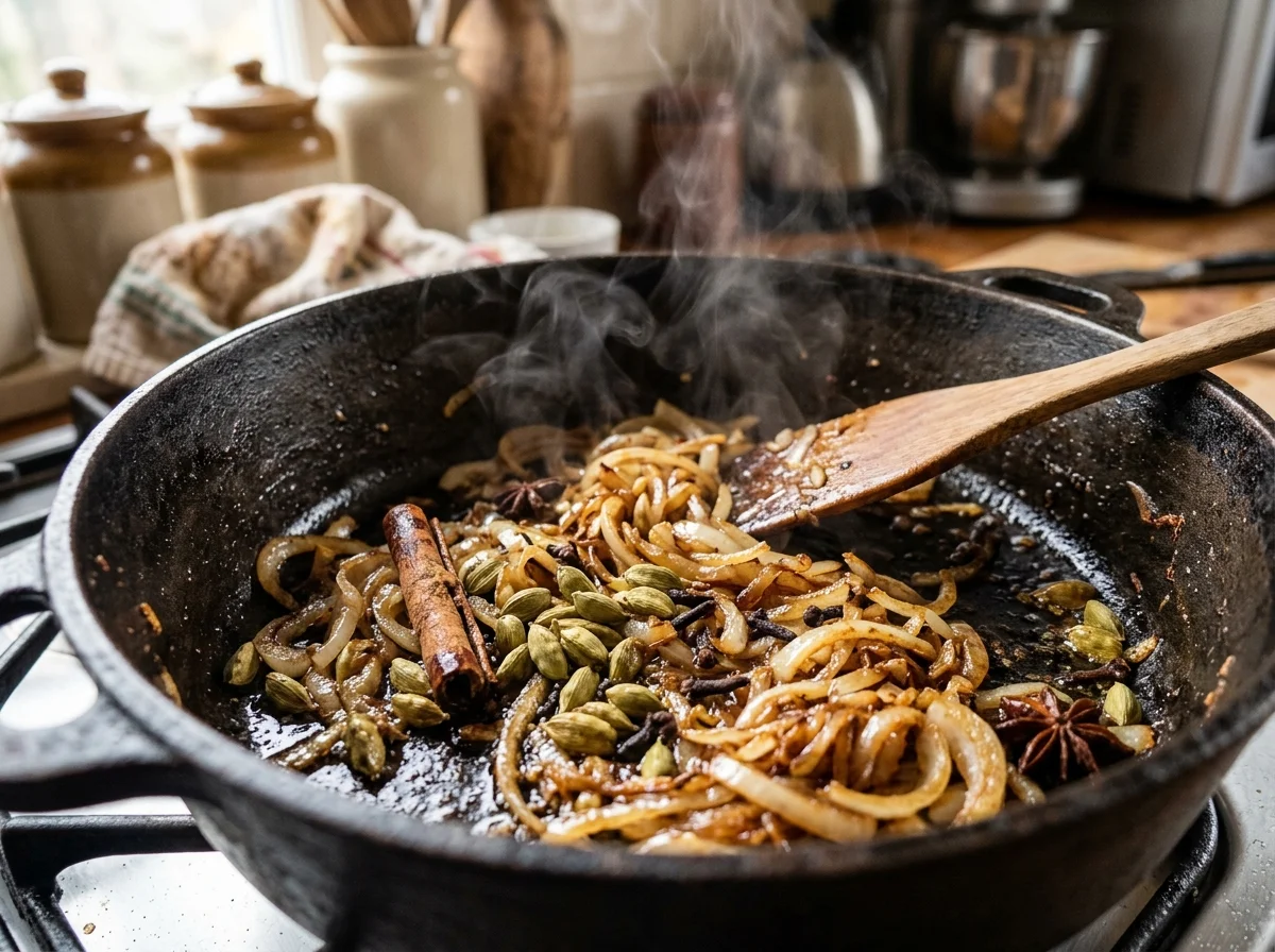 手順3: 玉ねぎとスパイスを炒める（10分）