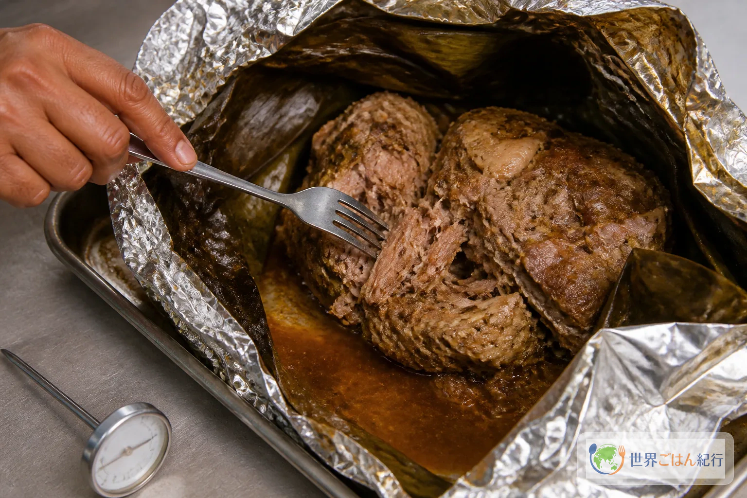 乾いた肉、焦げた香辛料、肉汁を含んだ柔らかな肉を比べるシュワーの仕上がり