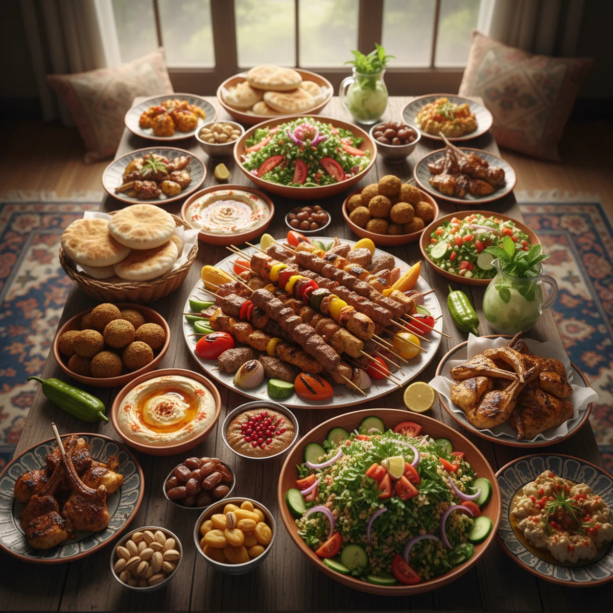 ケバブ・フムス・ファラフェル・サラダなど中東料理が並ぶ食卓