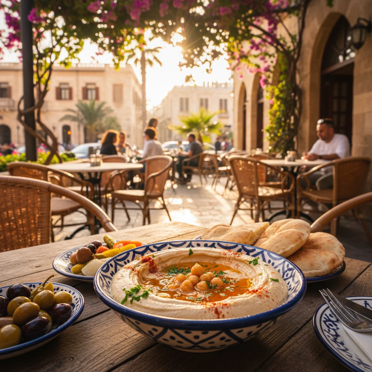 中東の街角カフェで供されるフムスとピタパン