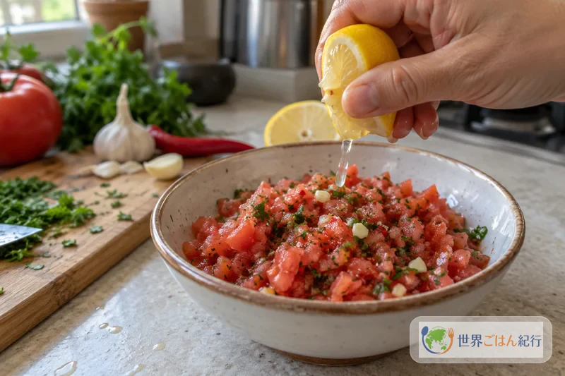 Duggus, picante vermelho de tomate, salsinha, alho e pimenta picados, com limão espremido