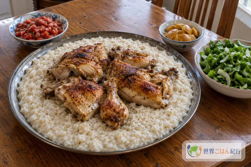 Mesa com saleeg em travessa grande, frango assado, duggus, limão em conserva e salada de folhas verdes
