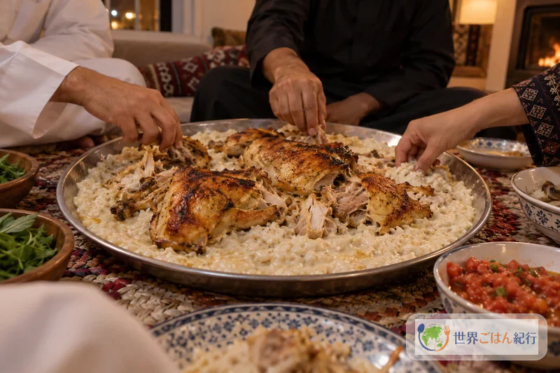 Jantar de inverno numa casa saudita: família e convidados em volta de uma travessa grande de saleeg