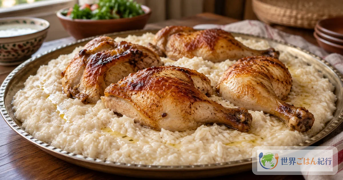 Saleeg da Arábia Saudita: arroz branco e cremoso cozido em leite, espalhado numa travessa grande, com ghee derretido e frango assado por cima