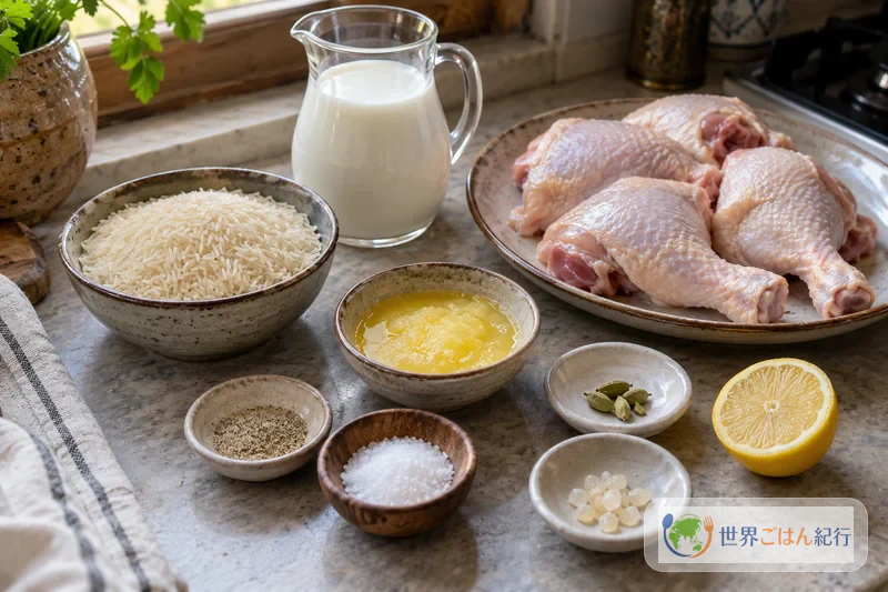 Arroz, frango com osso, leite, cardamomo, mástique, ghee, limão e pimenta-branca, dispostos como ingredientes do saleeg