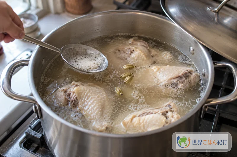 Ferve-se o frango com osso com cardamomo numa panela grande e retira-se a espuma que sobe
