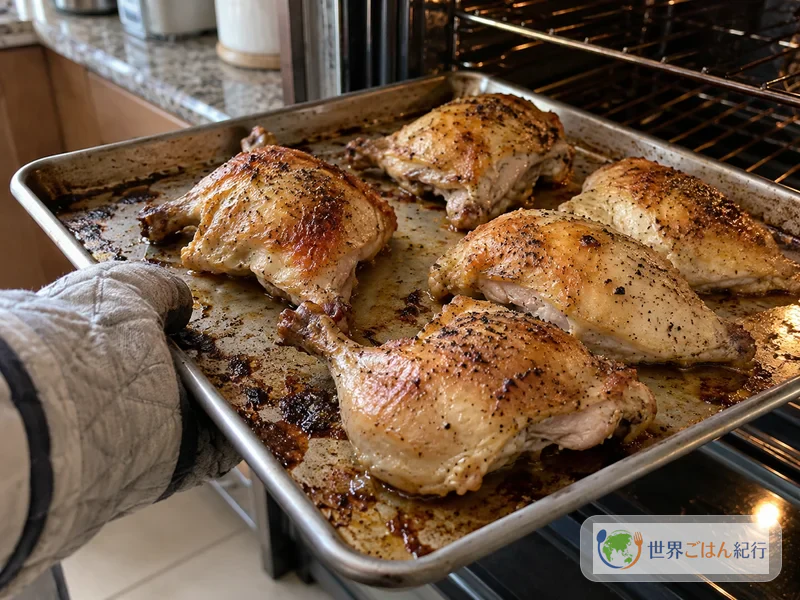 Polvilha-se com suco de limão e pimenta-do-reino o frango fervido e assa-se no forno até dourar a pele