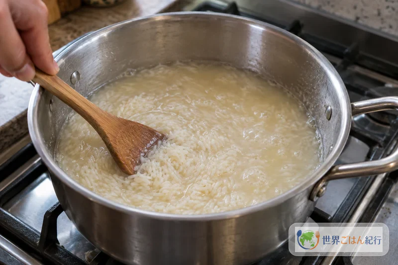 Cozinha-se o arroz no caldo de frango coado, mexendo de vez em quando desde o fundo