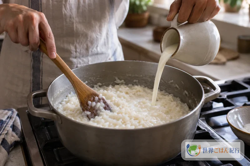 Junta-se o leite ao arroz e mexe-se em fogo baixo com uma colher de pau até ficar cremoso e liso