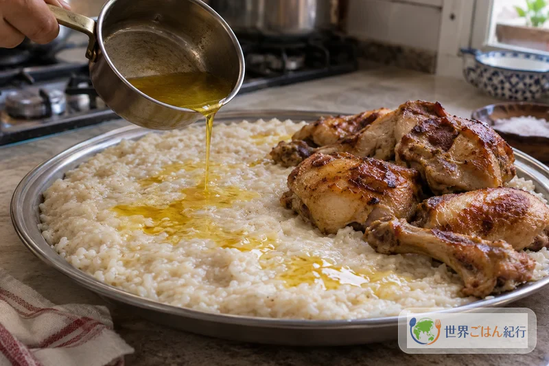 Sobre o saleeg espalhado liso numa travessa grande despeja-se o ghee derretido e coloca-se por cima o frango assado