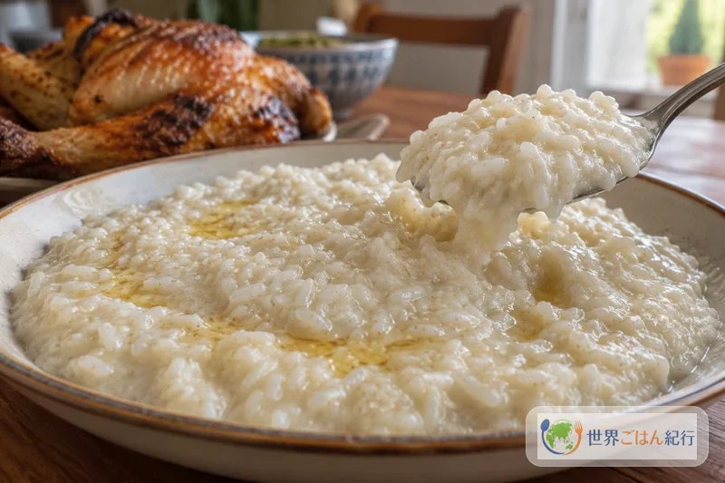 Colher de saleeg branco e cremoso que mostra a maciez do arroz cozido em leite