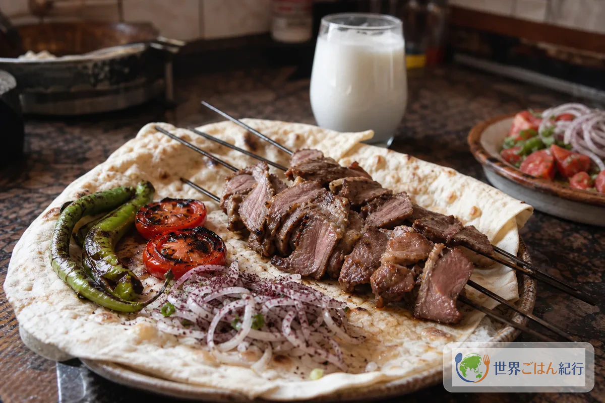 ラヴァシュの上に焼いた羊肉、スマック玉ねぎ、焼き唐辛子をのせたトルコ東部のジャーケバブ