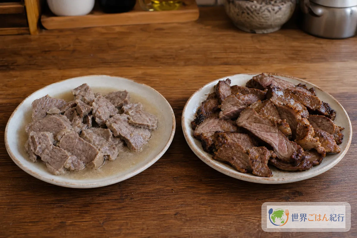 水っぽく灰色になった肉と、焼き色がついたジャーケバブを見比べる皿