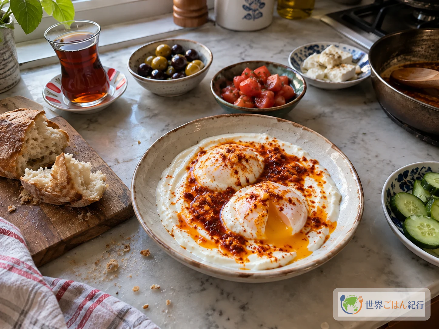 츨르브르, 빵, 올리브, 토마토, 홍차를 늘어놓은 튀르키예의 아침 식탁