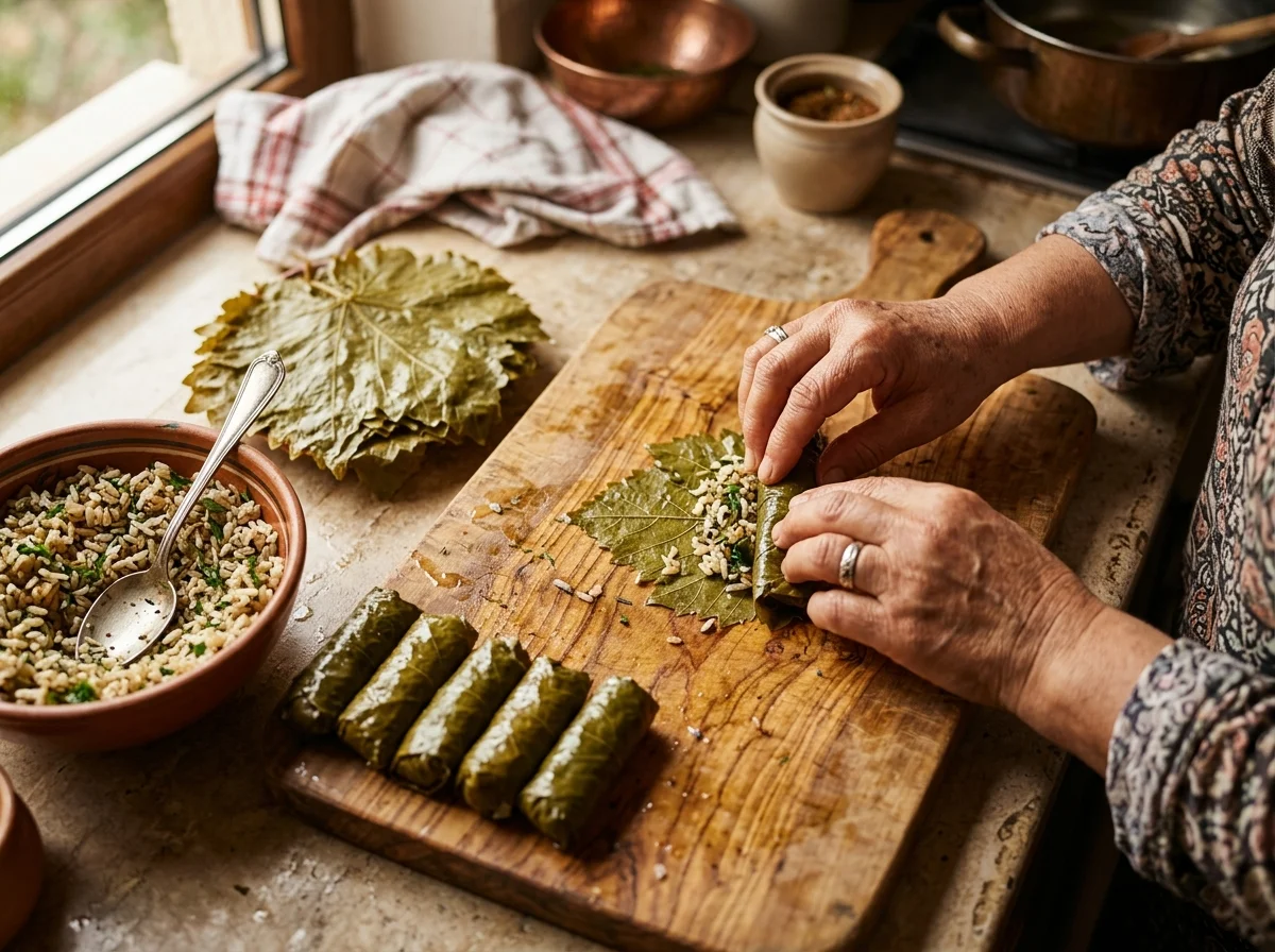 ドルマ|ぶどうの葉で包むトルコの宝石の調理工程。1. 瓶詰めのぶどうの葉を取り出し、冷水で2〜3回すすぐ 2. 塩気が強い場合は水に10分浸ける