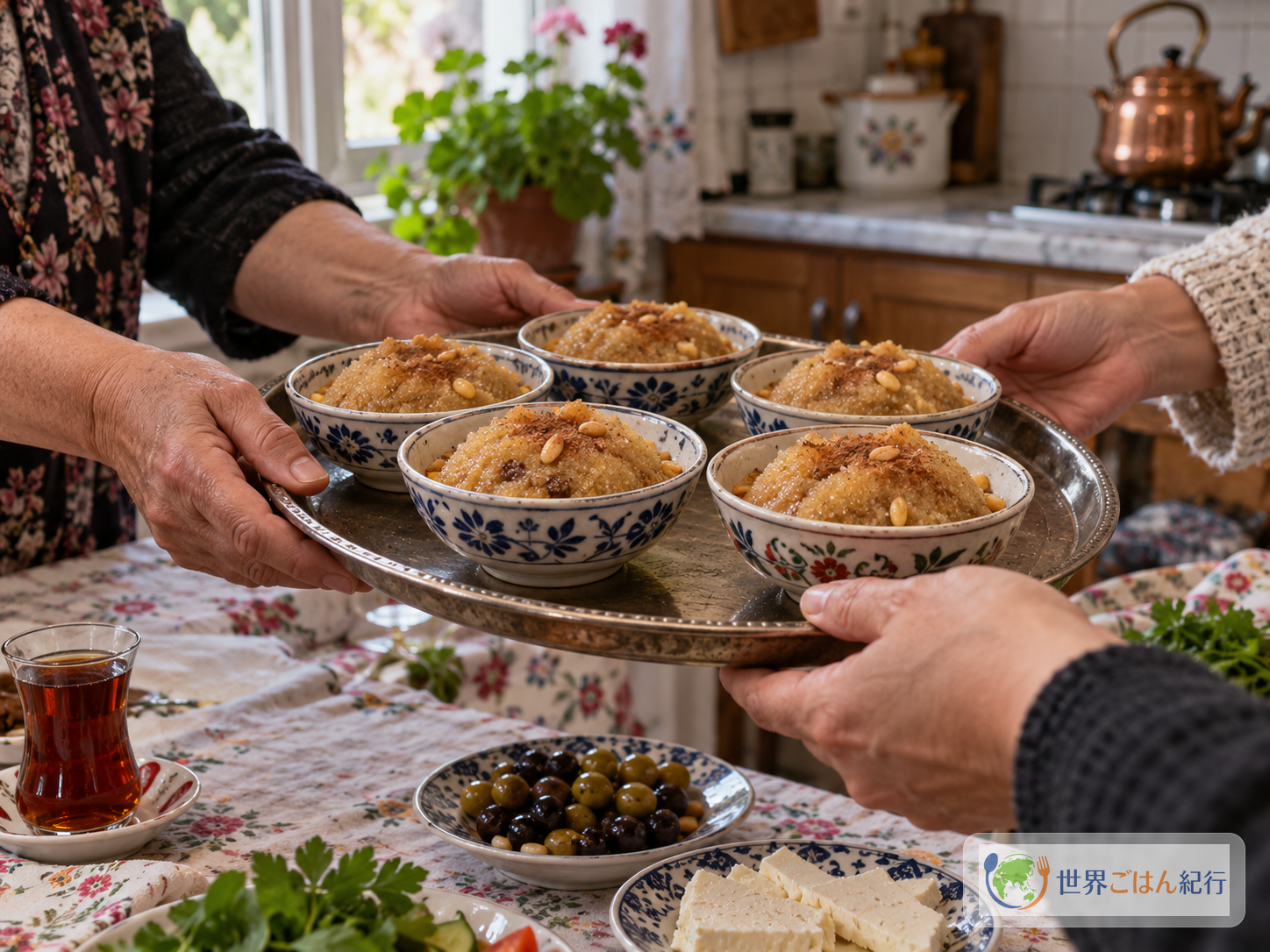トルコの家庭の食卓で小さな器のイルミク・ヘルヴァを分ける様子