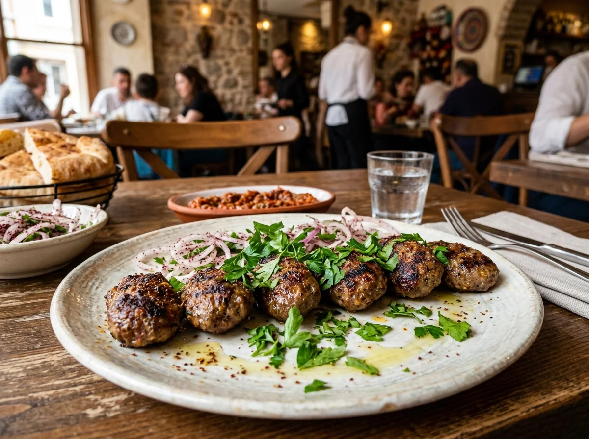 スパイスが効いたトルコ風キョフテを白い皿に盛り付けた写真