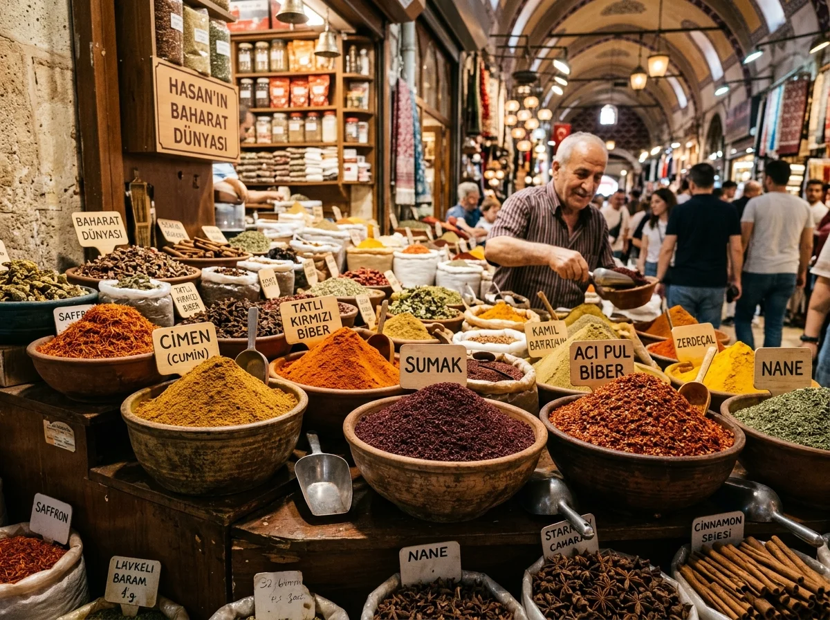 トルコのスパイスマーケットに並ぶ色鮮やかなスパイス
