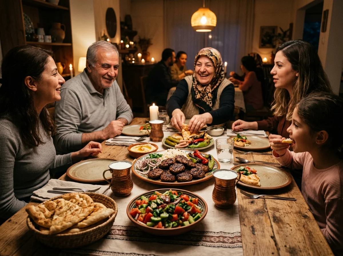 トルコの食卓でキョフテを囲む風景