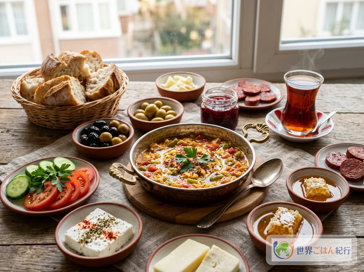 トルコの朝食で、取っ手が2つある小さなサハンに入ったメネメンを、ちぎったパンですくう食卓
