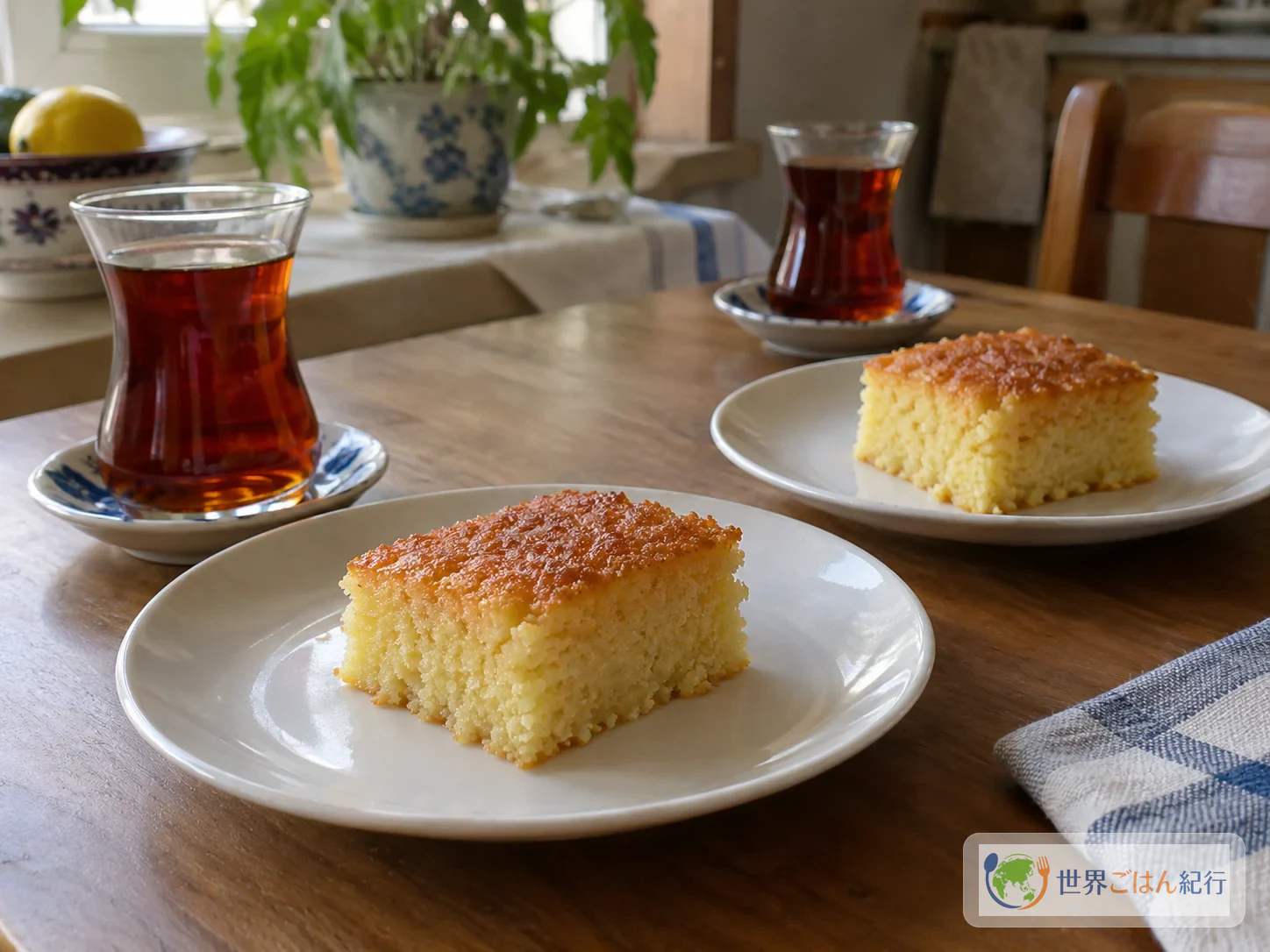小さく切ったレヴァニを二枚の皿へ取り分け、トルコ紅茶を添えた食卓