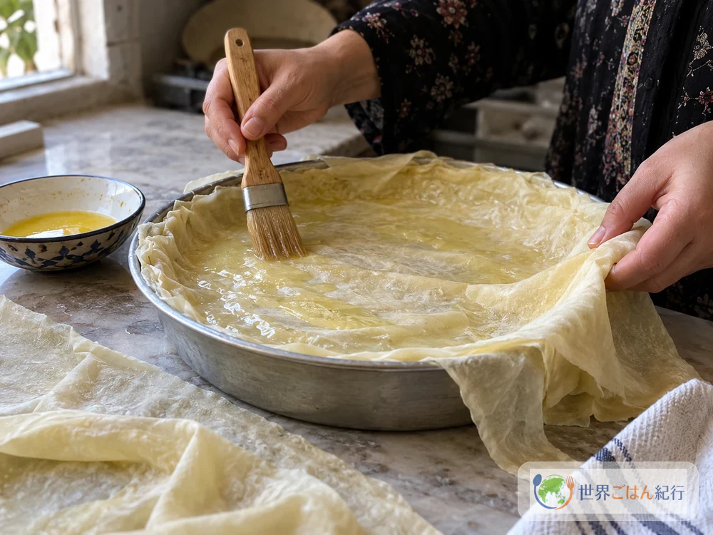 파이 접시에 얇은 반죽을 깔고 붓으로 녹인 버터를 발라 다음 반죽을 쌓는 모습