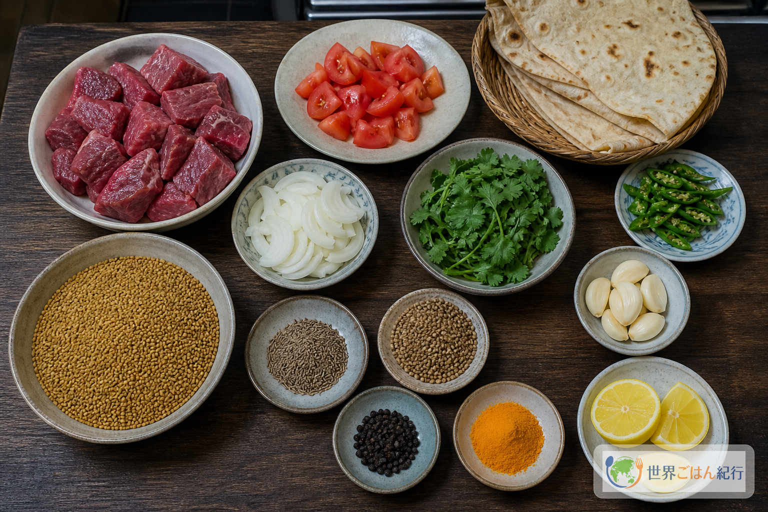 牛肩肉、フェヌグリーク、トマト、青唐辛子、香菜、玉ねぎ、にんにく、スパイスを並べたファハサの材料