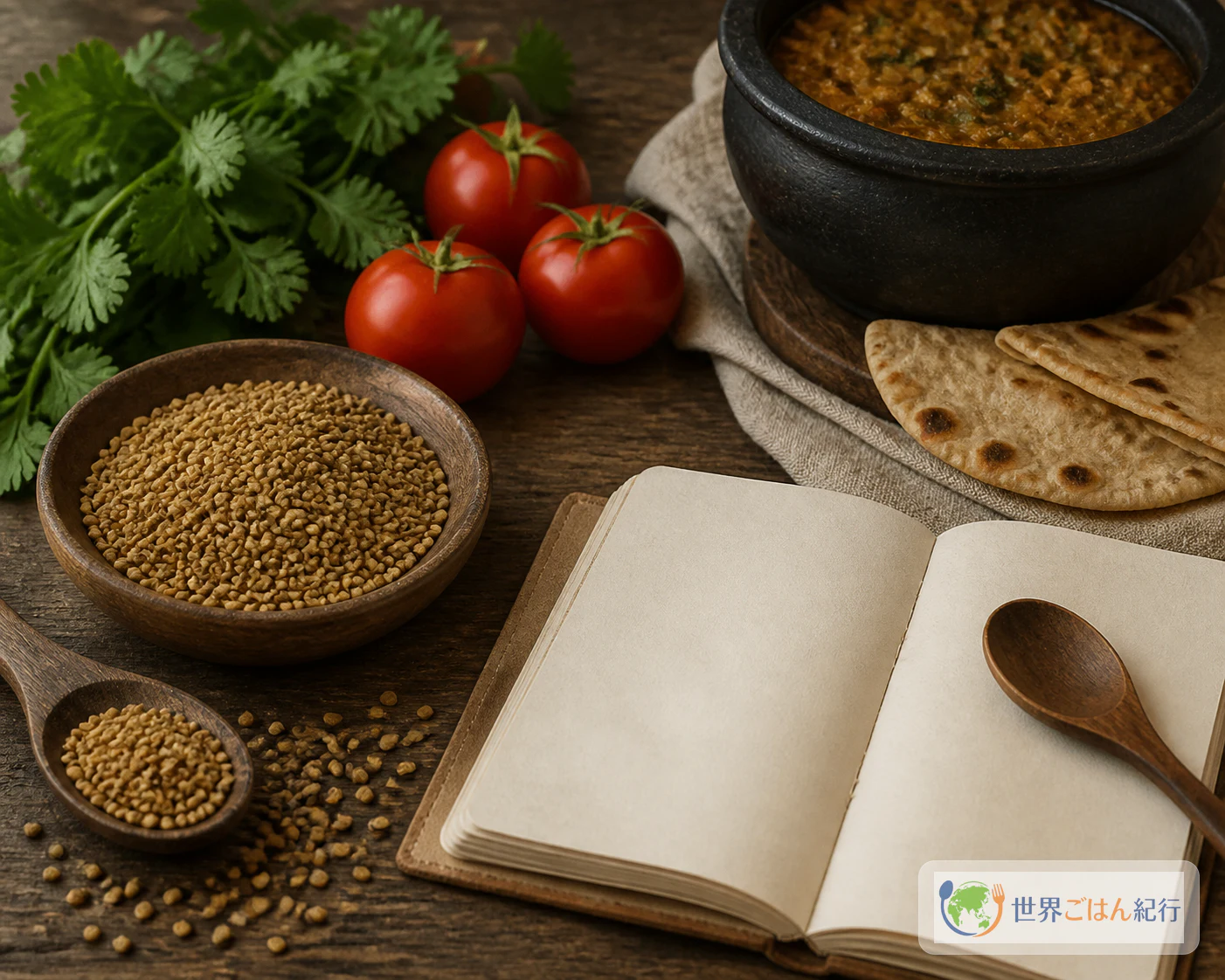 호로파, 토마토, 납작한 빵, 돌냄비를 차분한 빛에서 찍은 정물
