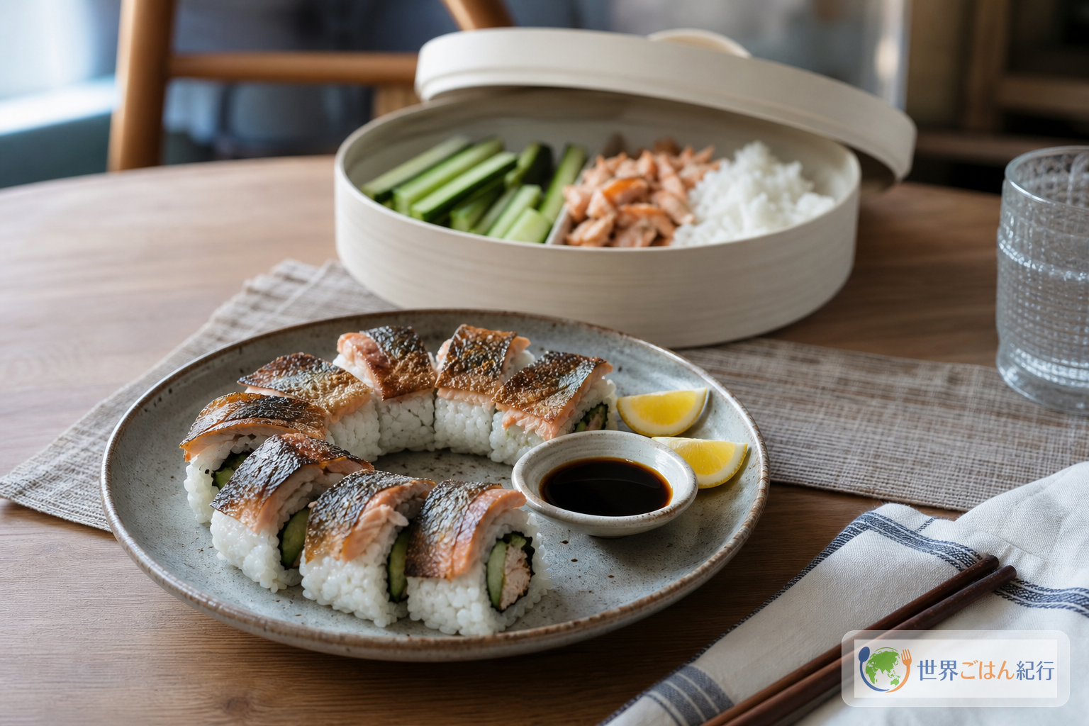 焼いたサーモンの皮を上にも添えたB.C.ロールと、保存用に分けた材料を置いた食卓