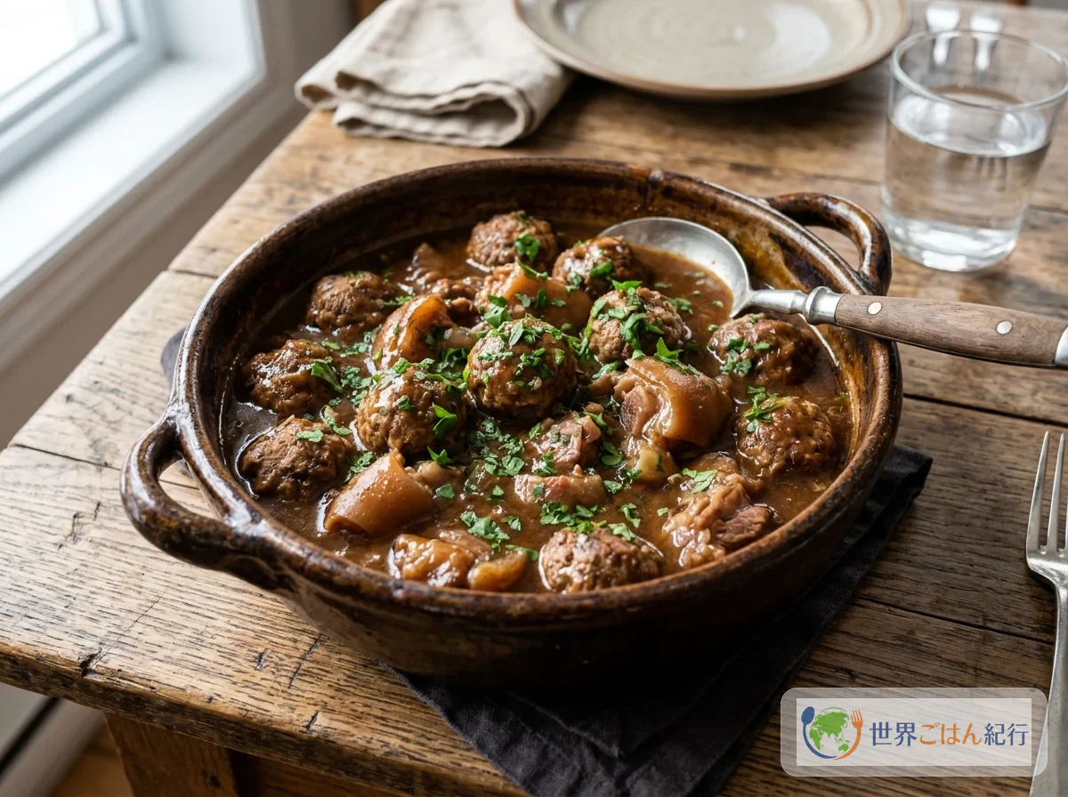 Ragoût de boulettes et de pattes, qui associe ragoût de pattes de cochon et boulettes
