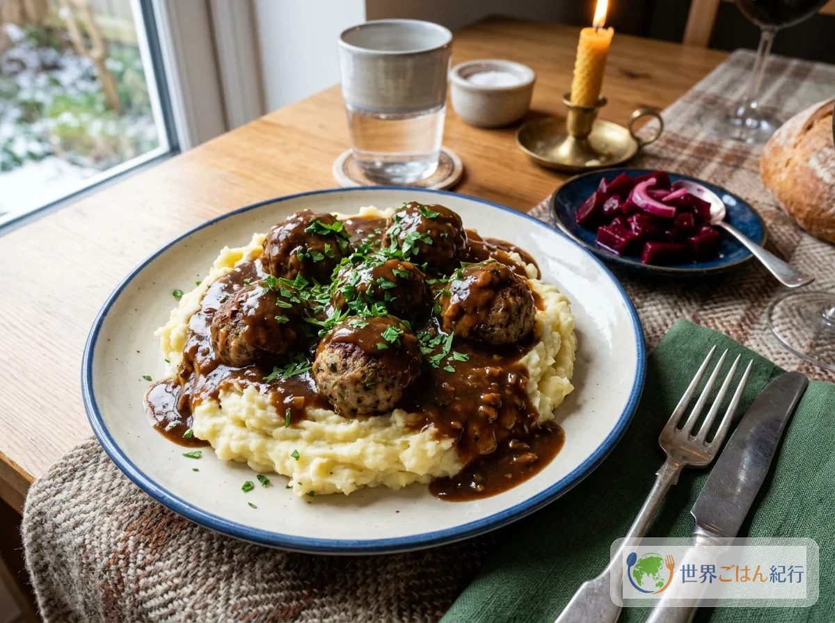 Photo du ragoût de boulettes avec purée de pommes de terre et betteraves marinées