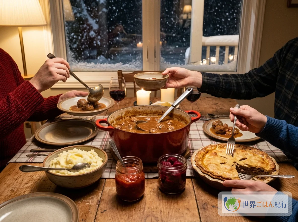 Ragoût de boulettes et accompagnements sur la table du Nouvel An au Québec