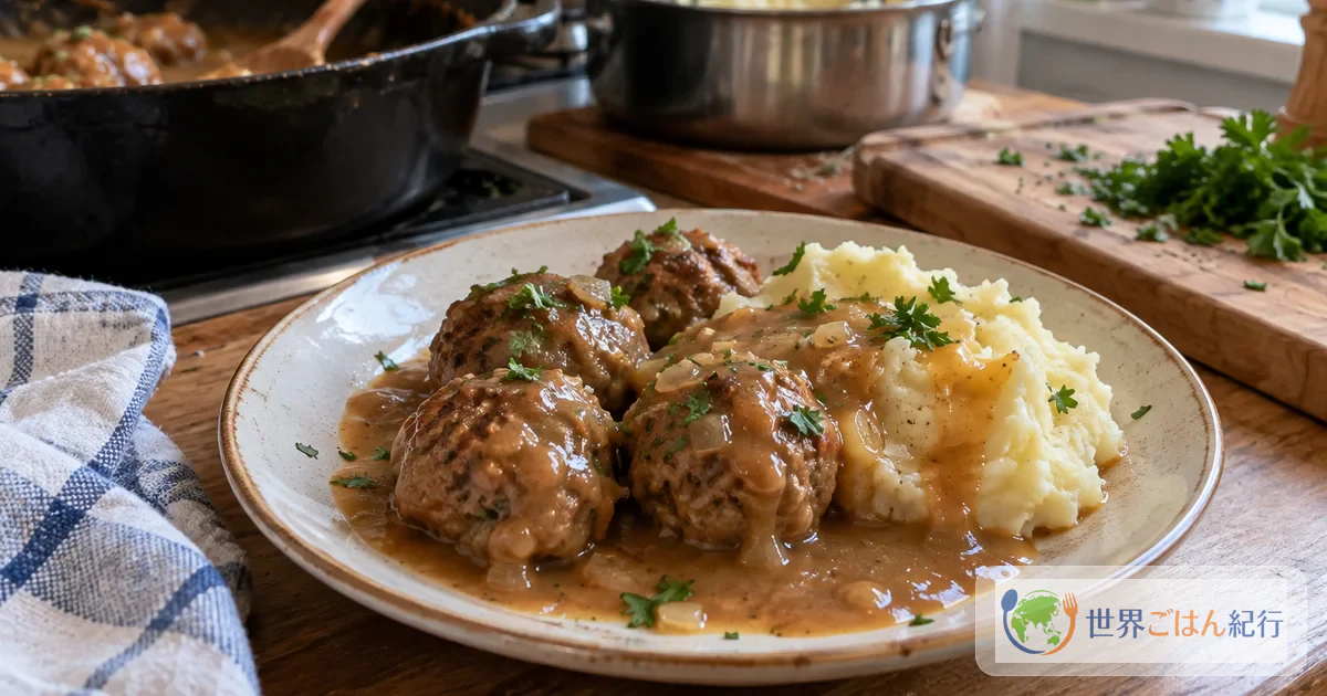 Quebec ragoût de boulettes: pork meatballs stewed in a brown sauce, served with mashed potatoes