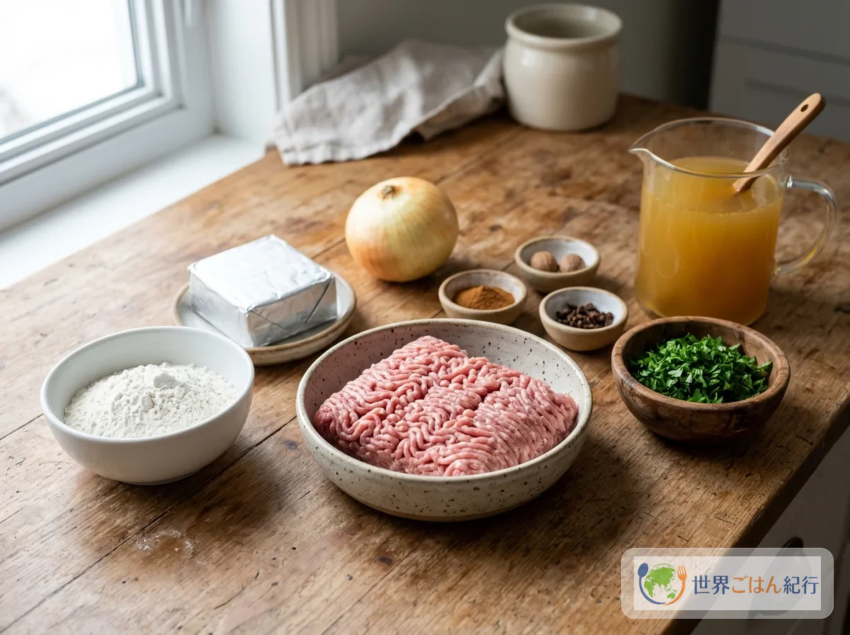 Porc haché, oignon, persil, cannelle, muscade, clou de girofle et farine, ingrédients du ragoût de boulettes