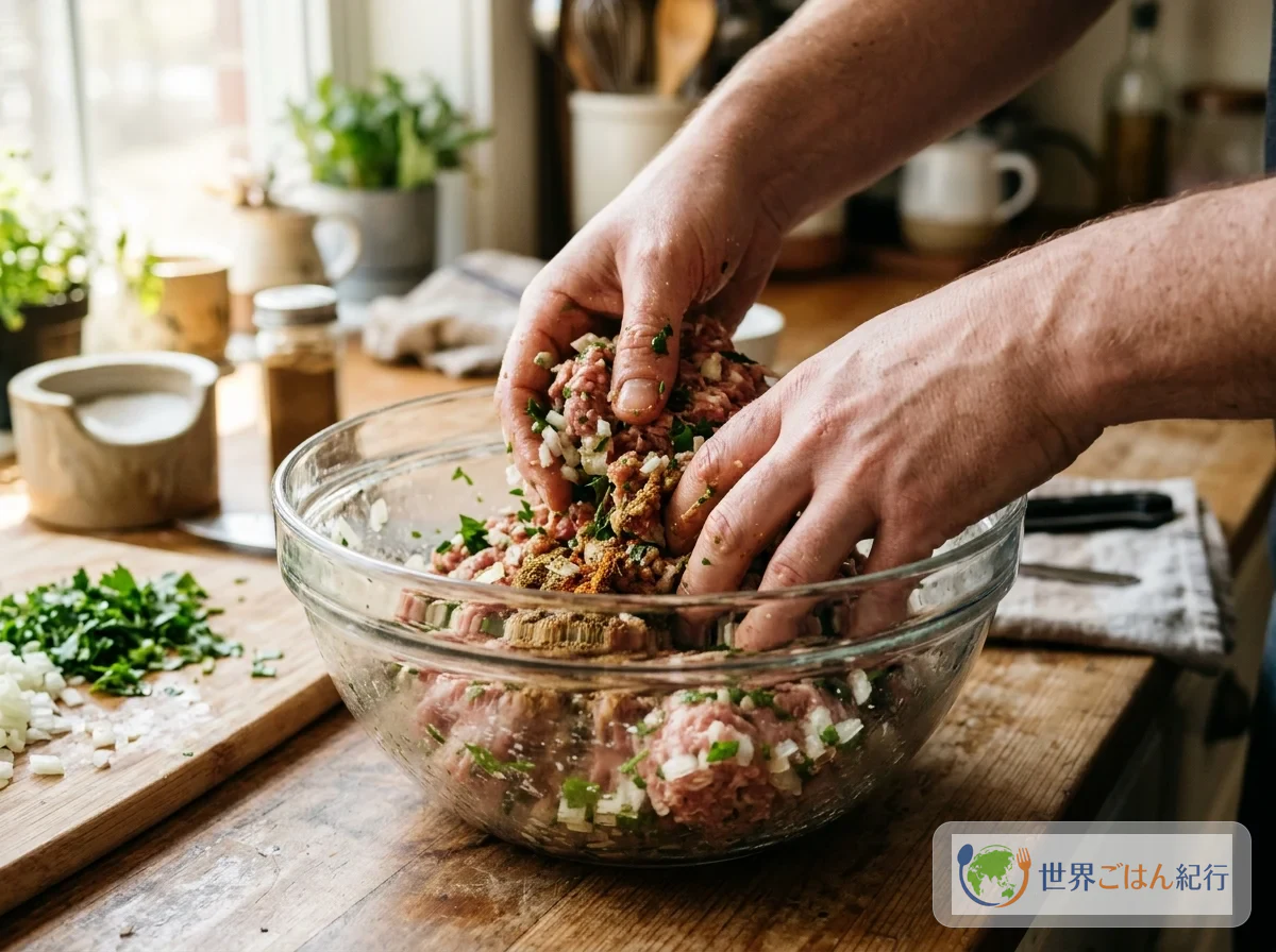 Porc haché, oignon, persil et épices malaxés dans un saladier