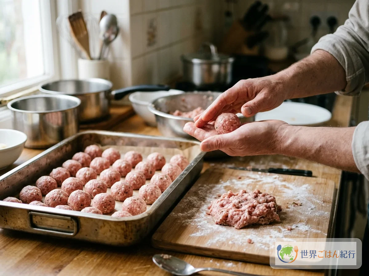 Farce roulée en boulettes de 4 cm de diamètre, rangées sur un plat