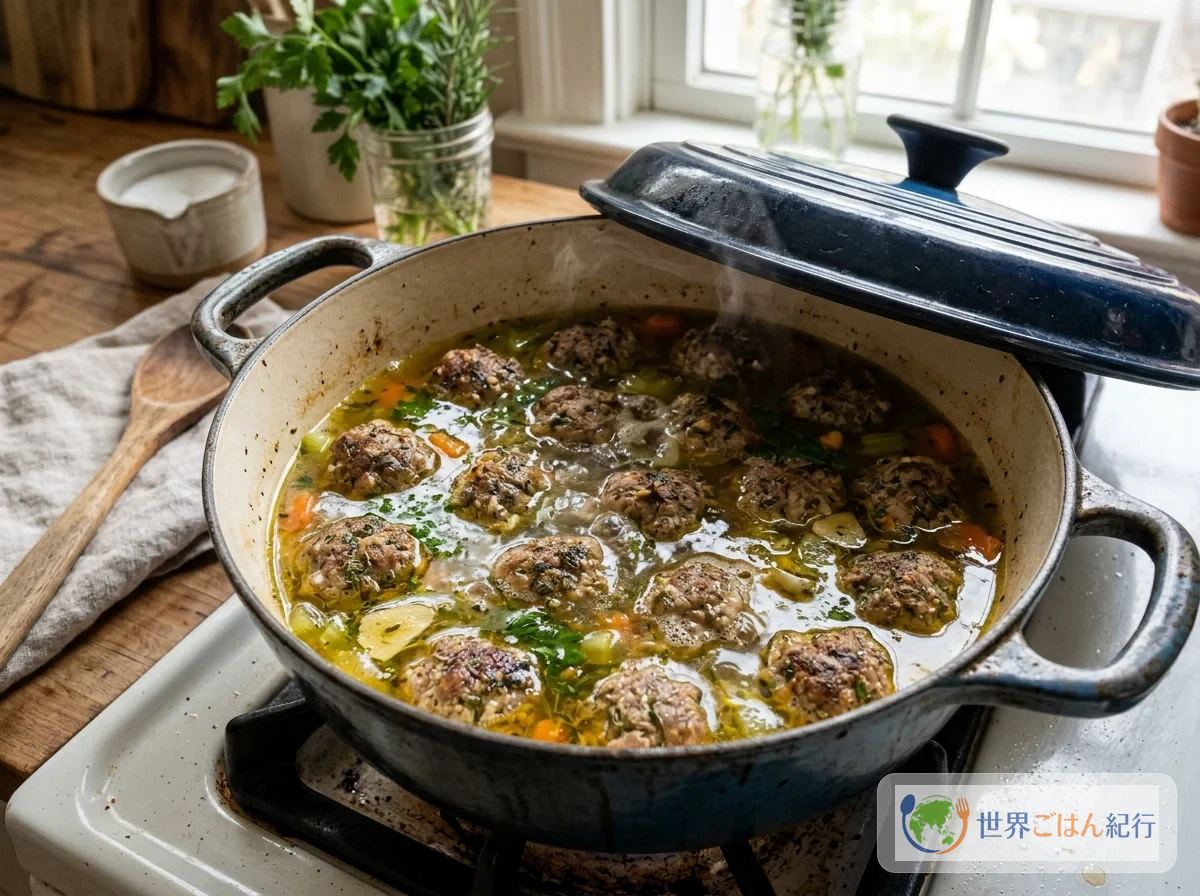 Boulettes mijotant à feu doux dans le bouillon de poule, marmite couverte