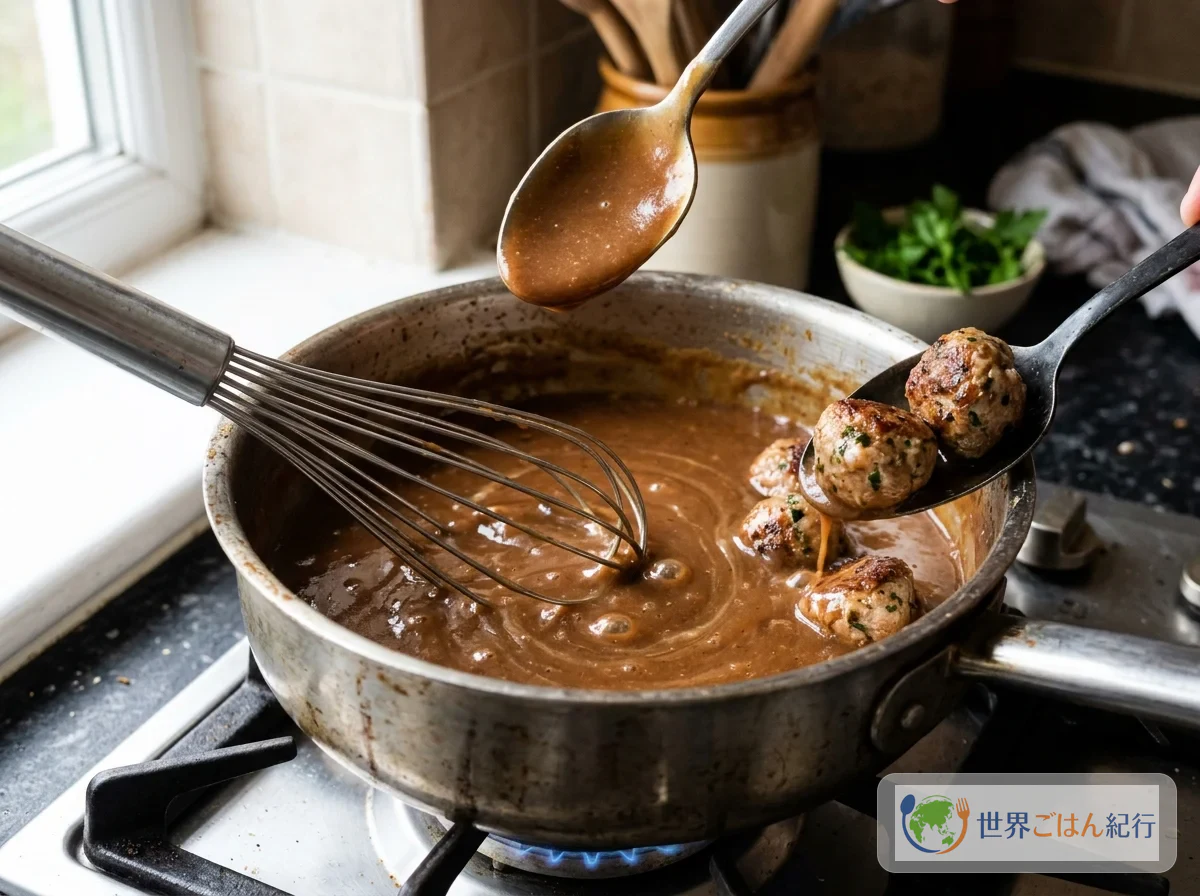 Farine grillée délayée ajoutée au bouillon pour lier la sauce, puis boulettes remises