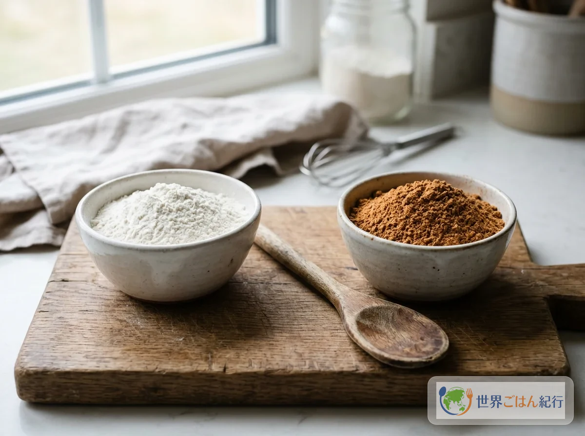 Comparaison de la farine blanche avant cuisson et de la farine grillée brune