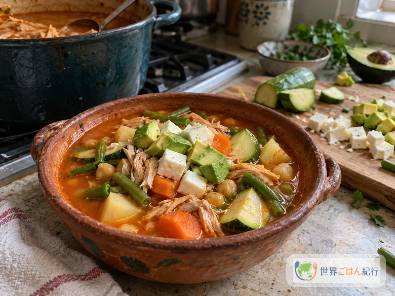 Caldo tlalpeño con queso, ejotes y calabacitas